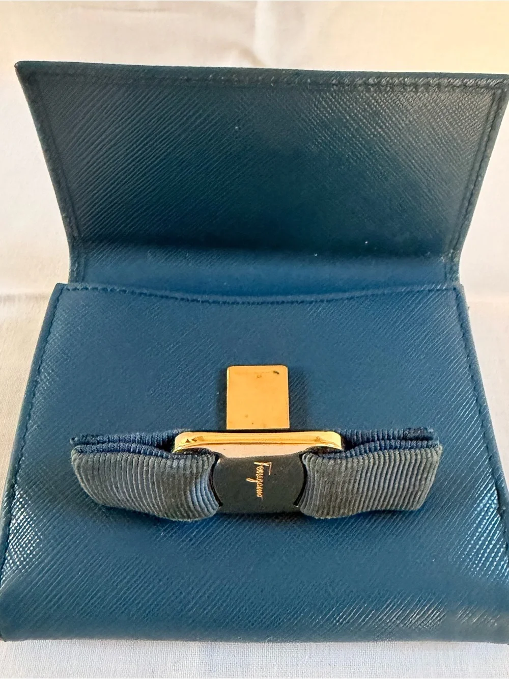 Salvatore Ferragamo Teal Leather Bow Wallet with Gold Hardware